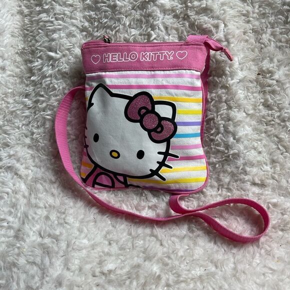 Hello Kitty by Sanrio white&pink canvas multi color pastel stripes crossbody bag - Picture 1 of 13